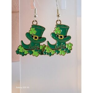 St Patricks Day Lucky Leprechaun Hat Boot Enamel Drop Earrings Green Gold Tone